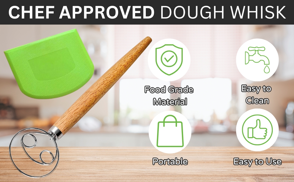 Danish Dough Whisk – Sourdough Mixing Tool with Dough Scraper. Danish Whisk for Baking, Mixing Thick Dough, Bread Making, Pastry, Cookies, Pizza, Batter & More