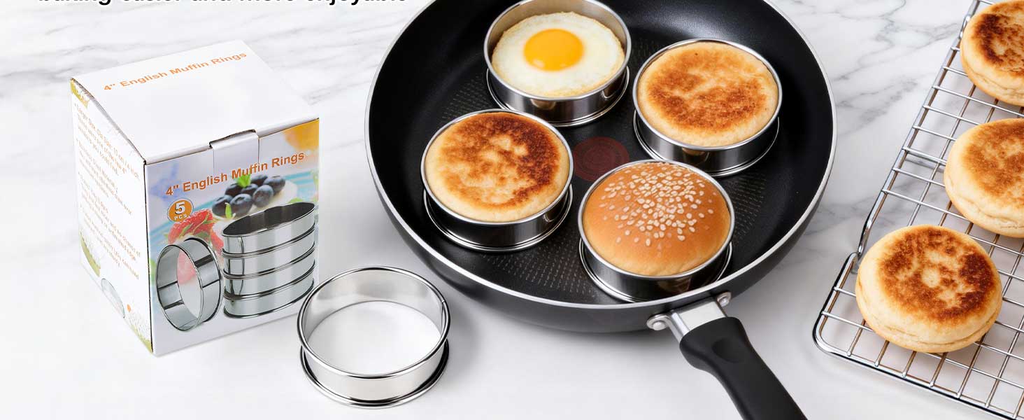 English Muffin Rings 4 Inch, Stainless Steel Crumpet Rings, Double Rolled Metal Rings Molds for Baking Cookie, Round Egg, Cake, Circles Tart Crust, Pancake, Hamurger Bun, Pastry Dessert Food