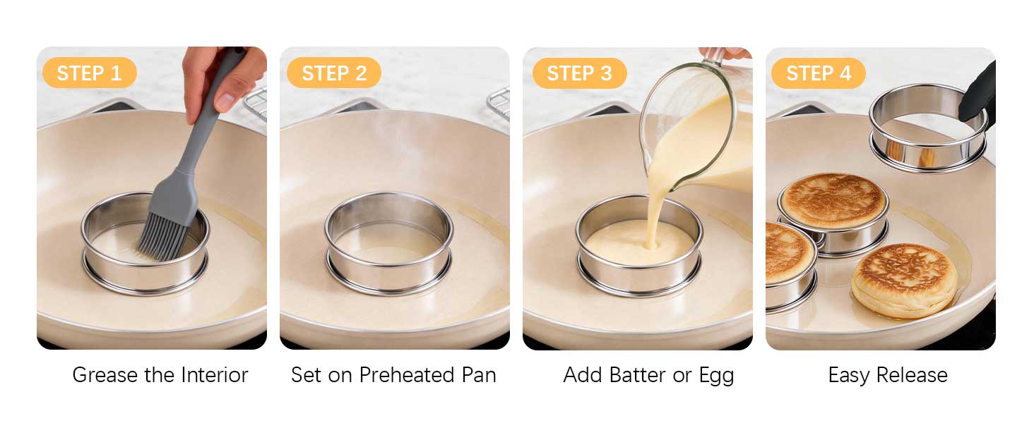 English Muffin Rings 4 Inch, Stainless Steel Crumpet Rings, Double Rolled Metal Rings Molds for Baking Cookie, Round Egg, Cake, Circles Tart Crust, Pancake, Hamurger Bun, Pastry Dessert Food