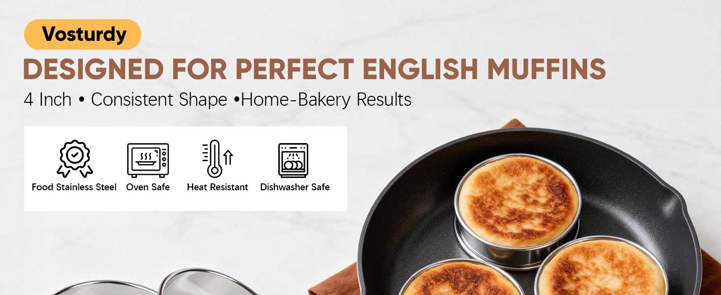 English Muffin Rings 4 Inch, Stainless Steel Crumpet Rings, Double Rolled Metal Rings Molds for Baking Cookie, Round Egg, Cake, Circles Tart Crust, Pancake, Hamurger Bun, Pastry Dessert Food