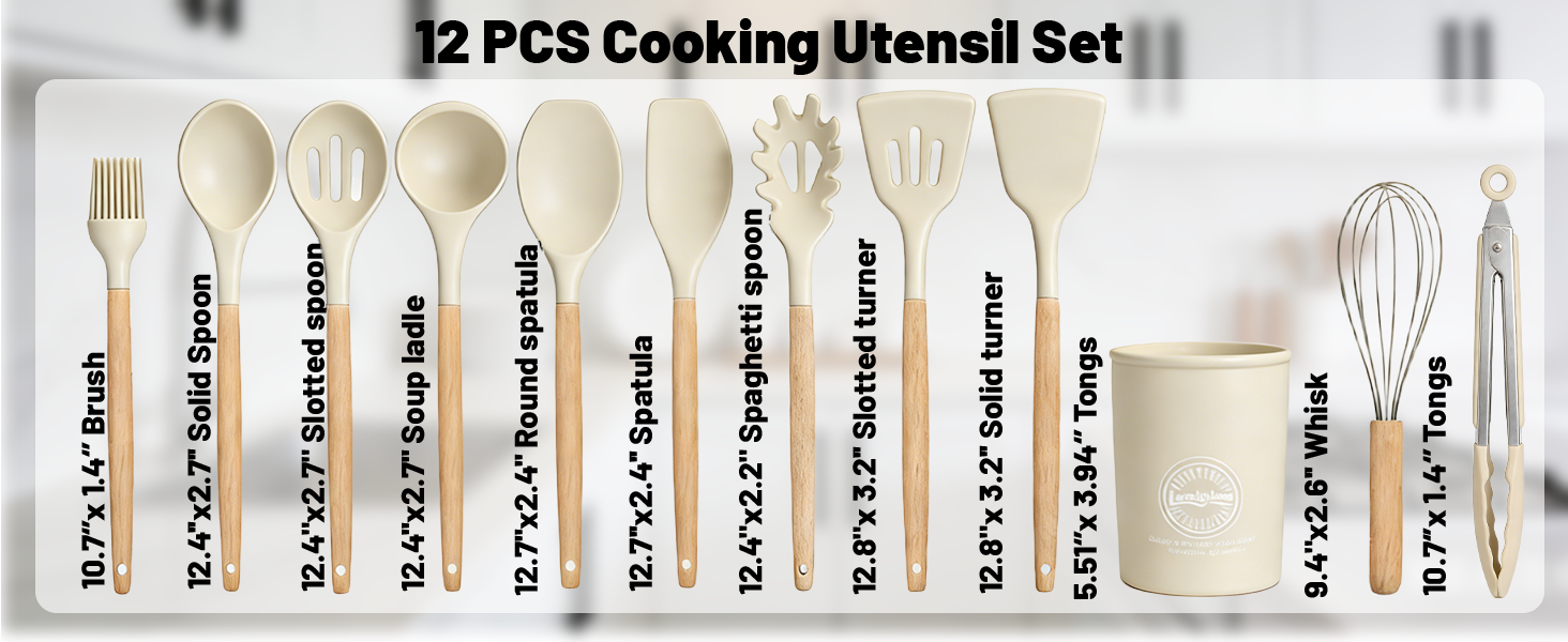 Silicone Cooking Utensil Set,12 PCS Cooking Kitchen Utensils Set, Nonstick Kitchen Utensils 446°F Heat-Resistant Cookware Kitchen Tools of Spoon,Brush,Whisk,Spatula,Turner Tongs (Khaki)