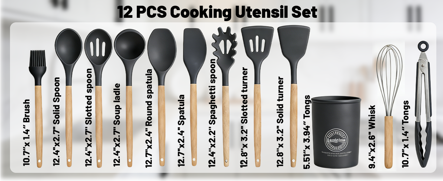 Silicone Cooking Utensil Set,12 PCS Cooking Kitchen Utensils Set, Nonstick Kitchen Utensils 446°F Heat-Resistant Cookware Kitchen Tools of Spoon,Brush,Whisk,Spatula,Turner Tongs (Gray)