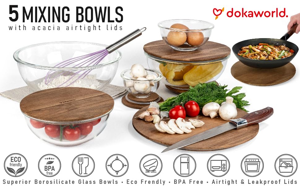 Set of 5 Nesting Glass Bowls with New Updated Acacia Lids for Foodprep, Storage, Mixing & Cooking - Microwave & Oven-ready BPA Free Durable Heat Resistant Inert Borosilicate Glass