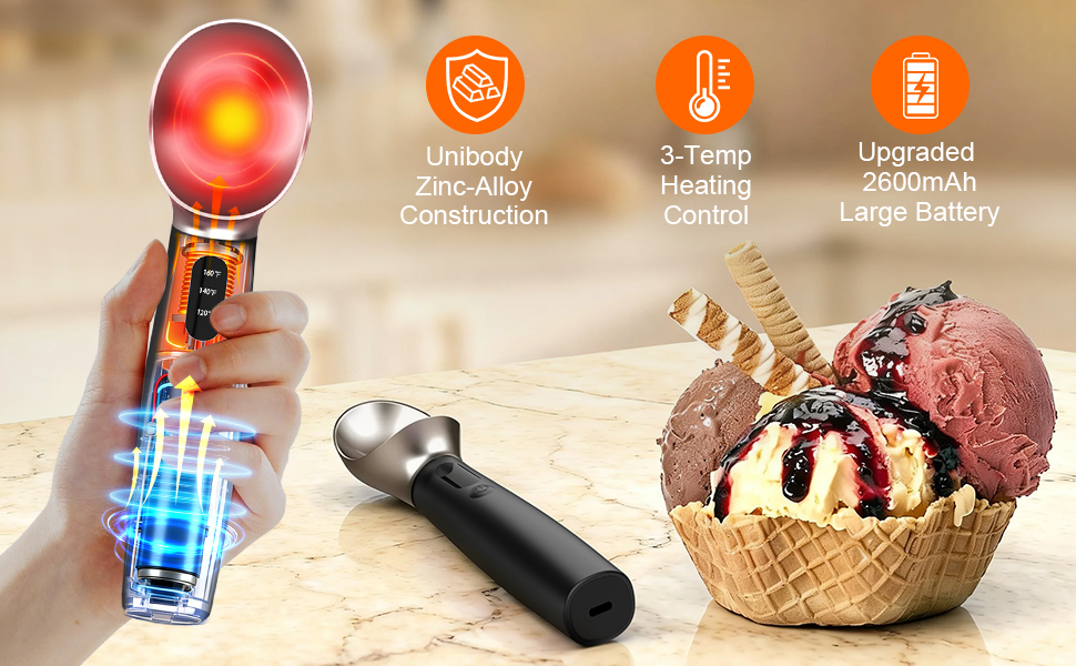 Heated Ice Cream Scoop Rechargeable, Electric Ice Cream Scooper with 3-Temp Settings, LED Display & IPX7 Waterproof, Ergonomic Silicone Handle, House Warming Gifts for Women Men Friend (Black)