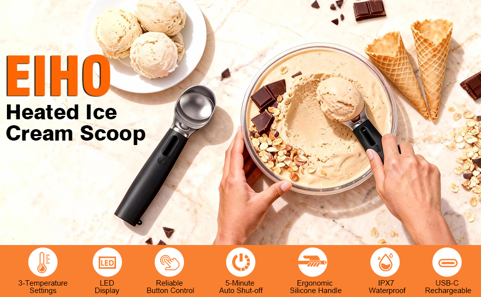 Heated Ice Cream Scoop Rechargeable, Electric Ice Cream Scooper with 3-Temp Settings, LED Display & IPX7 Waterproof, Ergonomic Silicone Handle, House Warming Gifts for Women Men Friend (Black)