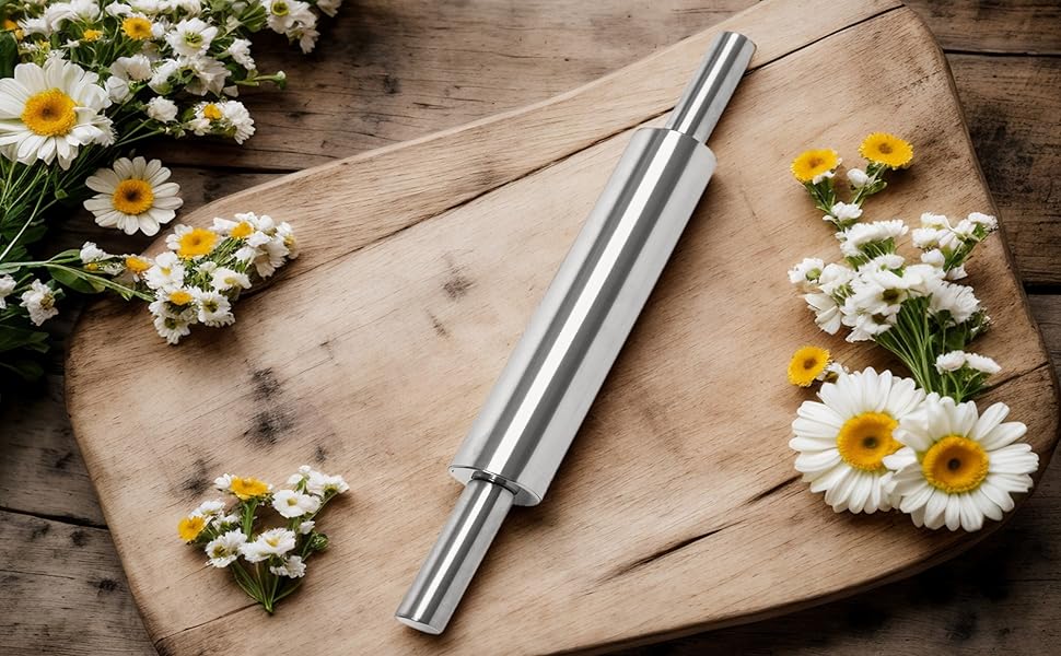 17-Inch Stainless Steel Rolling Pin for Baking - Heavy Duty Metal Dough Roller with Non-Slip Handles for Pizza, Chapati, Cookies & Pastry - Dishwasher Safe