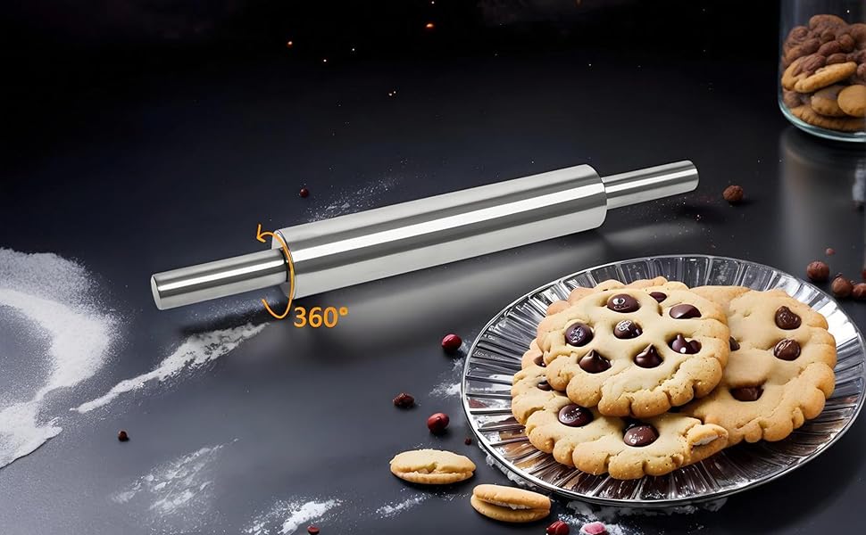 17-Inch Stainless Steel Rolling Pin for Baking - Heavy Duty Metal Dough Roller with Non-Slip Handles for Pizza, Chapati, Cookies & Pastry - Dishwasher Safe