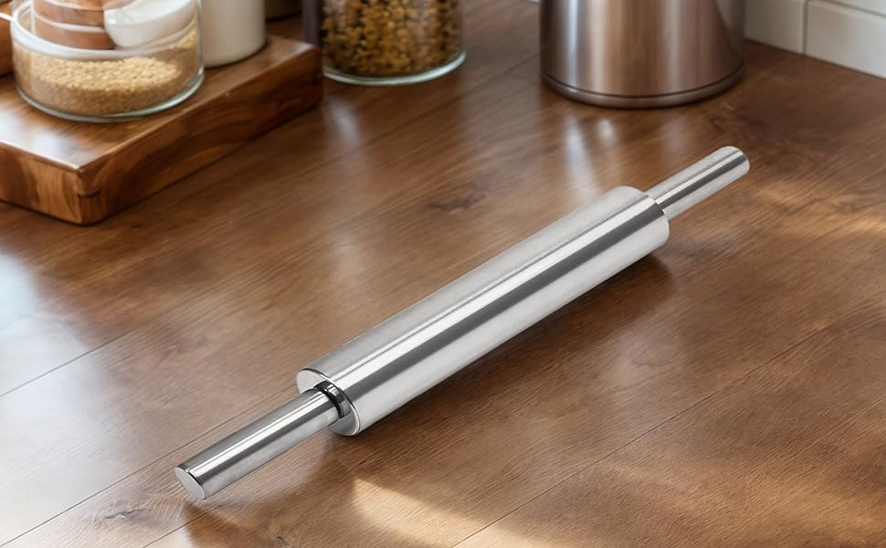 17-Inch Stainless Steel Rolling Pin for Baking - Heavy Duty Metal Dough Roller with Non-Slip Handles for Pizza, Chapati, Cookies & Pastry - Dishwasher Safe