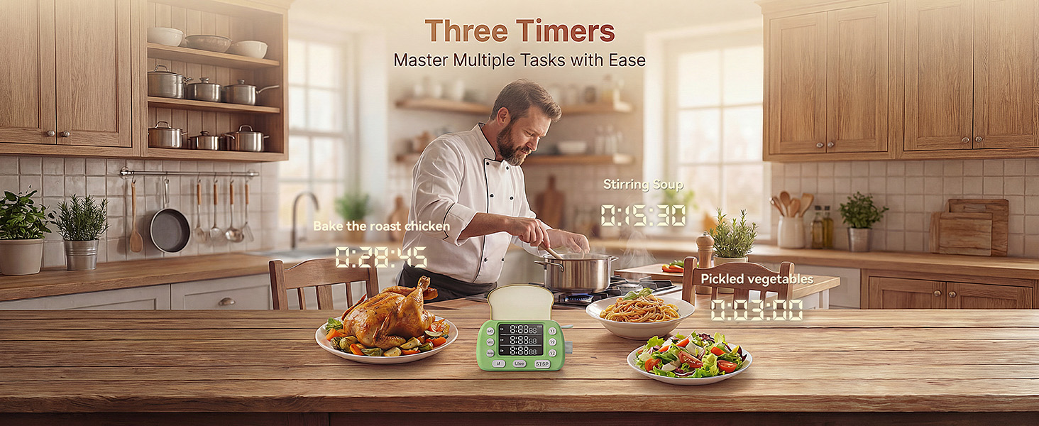 Digital Kitchen Timer for Cooking - 3 Channel Countdown Timer and Stopwatch with Strong Magnets,Silent Mode, LED Display, Memory, Timers for Cooking, Oven, Egg, Baking, Grilling, Teaching