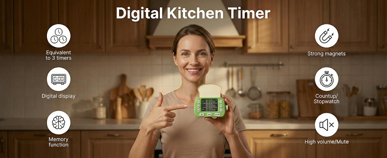 Digital Kitchen Timer for Cooking - 3 Channel Countdown Timer and Stopwatch with Strong Magnets,Silent Mode, LED Display, Memory, Timers for Cooking, Oven, Egg, Baking, Grilling, Teaching