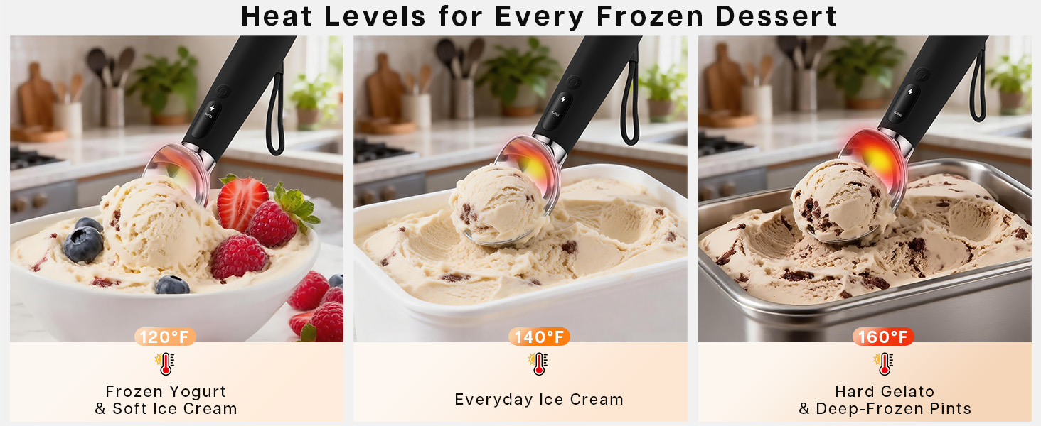 Heated Ice Cream Scoop Rechargeable with 3 Heat Levels 120–160°F, LED Display, 2600mAh Battery, Waterproof Metal Ice Cream Scoop for Hard Ice Cream & Desserts