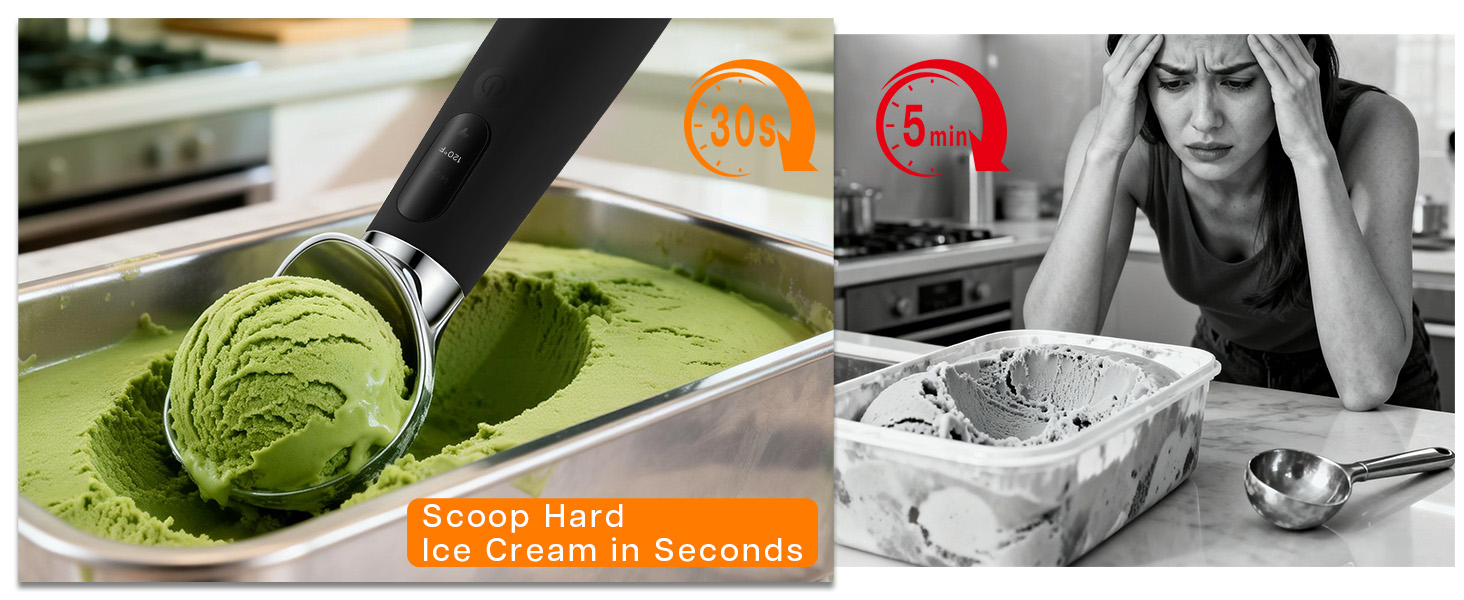 Heated Ice Cream Scoop Rechargeable with 3 Heat Levels 120–160°F, LED Display, 2600mAh Battery, Waterproof Metal Ice Cream Scoop for Hard Ice Cream & Desserts