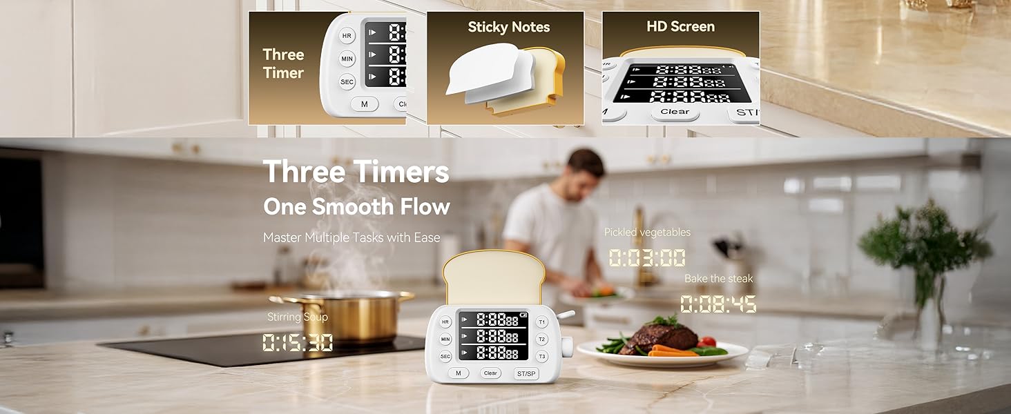 Digital Kitchen Timer for Cooking - 3-Channel Magnetic Countdown Timers with Memory Preset for Baking, Toaster, Eggs Includes Memo Notes (White)