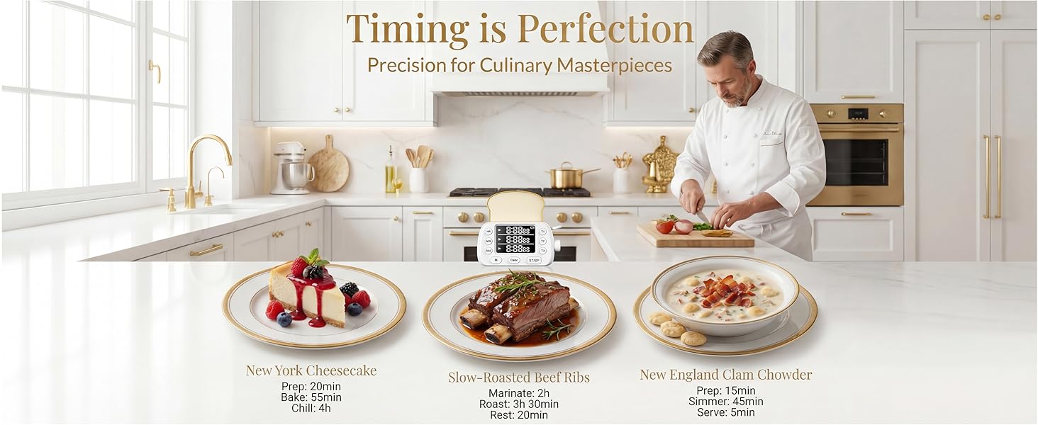 Digital Kitchen Timer for Cooking - 3-Channel Magnetic Countdown Timers with Memory Preset for Baking, Toaster, Eggs Includes Memo Notes (White)