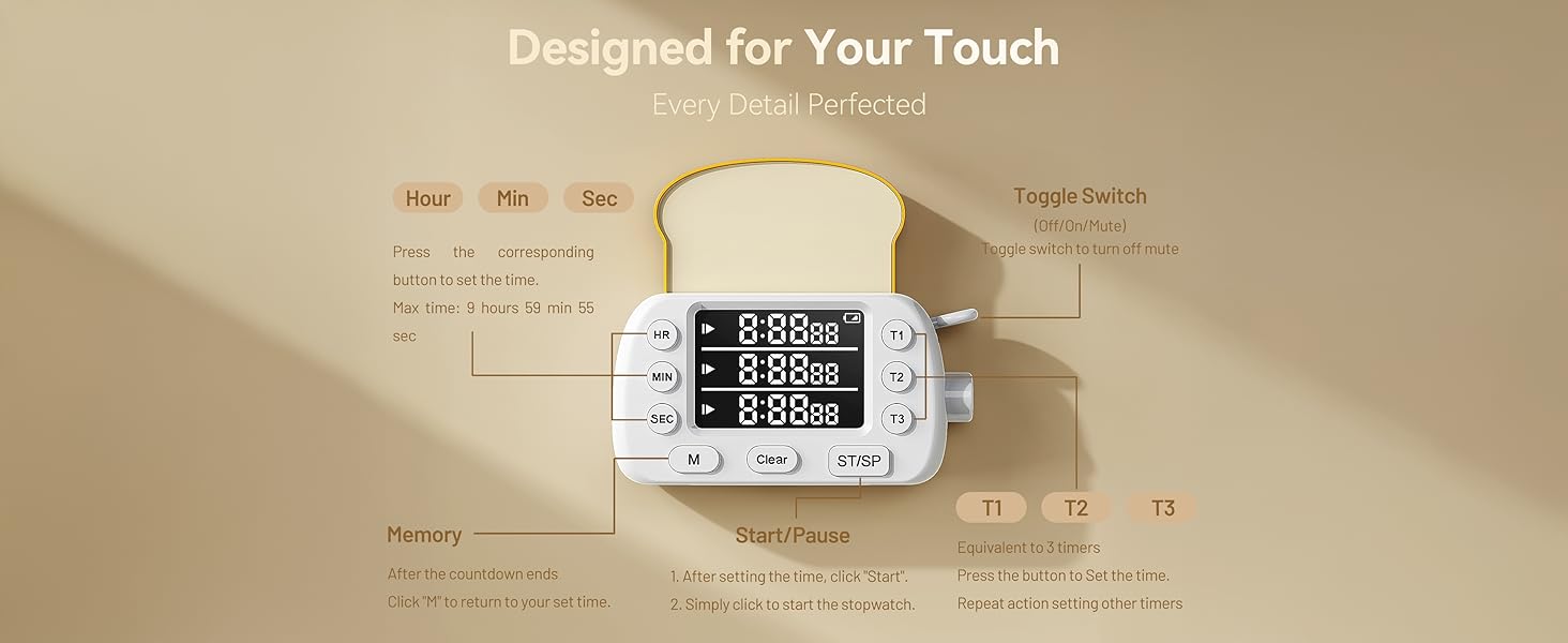 Digital Kitchen Timer for Cooking - 3-Channel Magnetic Countdown Timers with Memory Preset for Baking, Toaster, Eggs Includes Memo Notes (White)