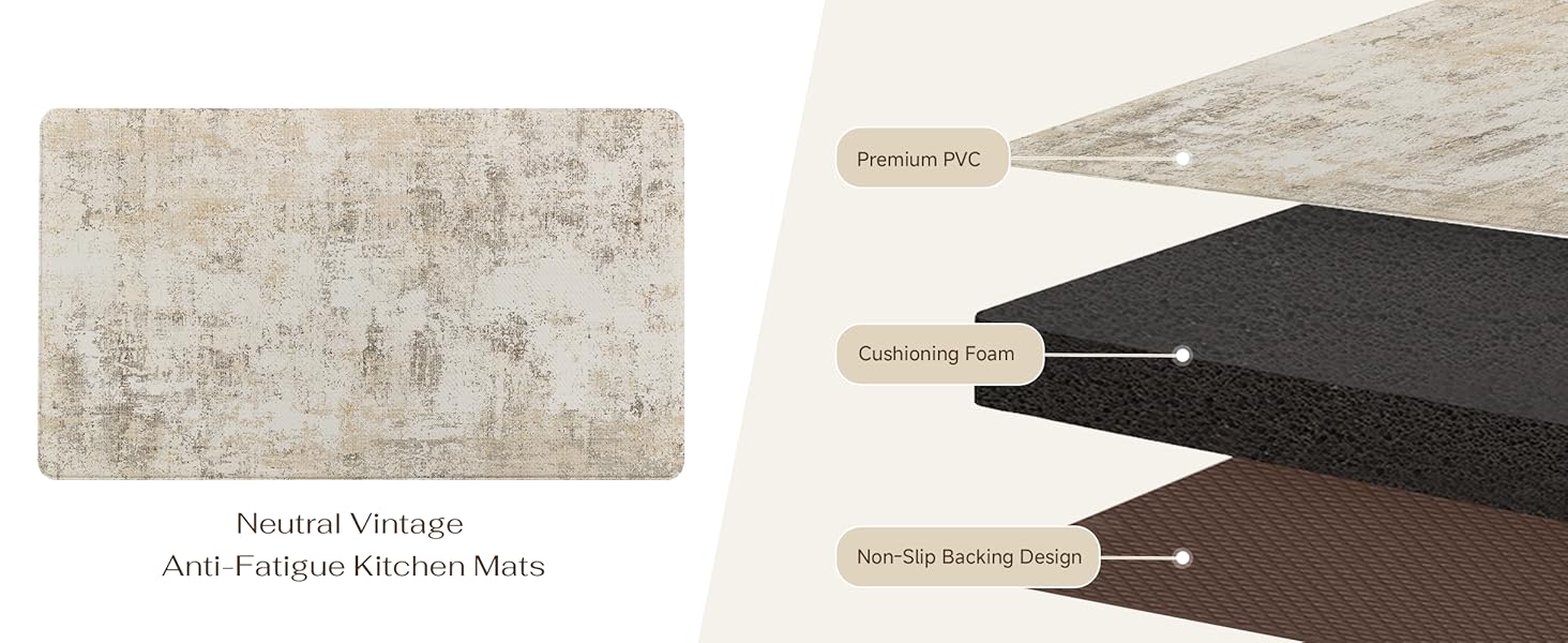 Kitchen Mats for Floor Set of 2 Anti Fatigue Waterproof Kitchen Rug Beige Grey Abstract Cushioned Non-Slip Kitchen Mats Comfort Standing Neutral Mat for Sink Laundry Office 17.3