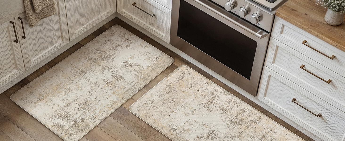 Kitchen Mats for Floor Set of 2 Anti Fatigue Waterproof Kitchen Rug Beige Grey Abstract Cushioned Non-Slip Kitchen Mats Comfort Standing Neutral Mat for Sink Laundry Office 17.3