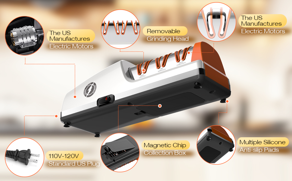 Replaceable Sharpener Electric Knife Sharpener, 3-Stage with 100% Diamond Abrasives & Precision Angle Guides, Kitchen Knife Sharpener with Sharpening and Polishing Function