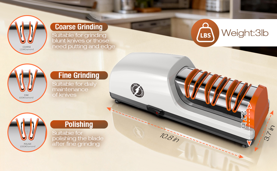 Replaceable Sharpener Electric Knife Sharpener, 3-Stage with 100% Diamond Abrasives & Precision Angle Guides, Kitchen Knife Sharpener with Sharpening and Polishing Function