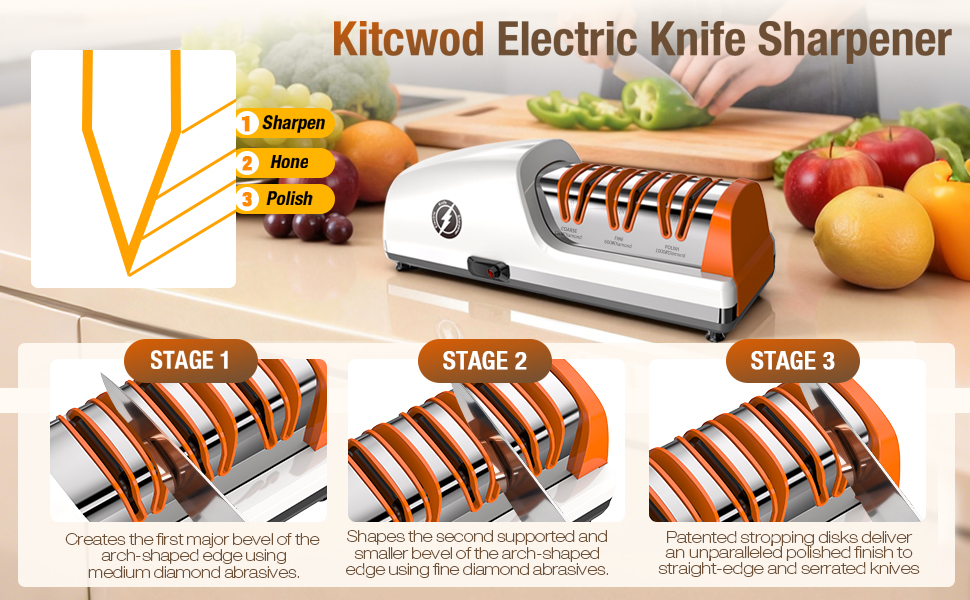 Replaceable Sharpener Electric Knife Sharpener, 3-Stage with 100% Diamond Abrasives & Precision Angle Guides, Kitchen Knife Sharpener with Sharpening and Polishing Function