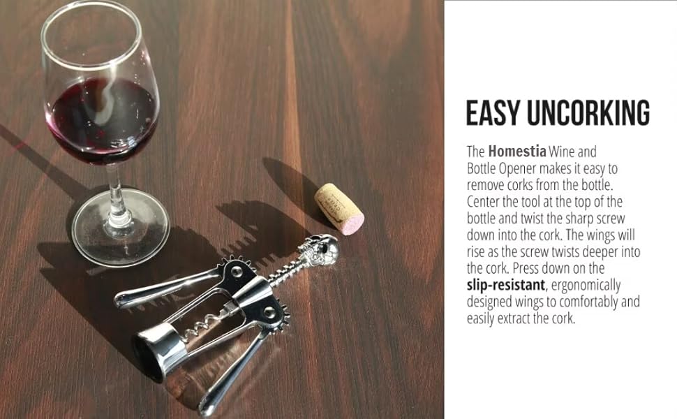 Homestia Silver Skull Skeleton Corkscrew Wine Bottle Opener - Gothnic Horror Lever Corkscrew - Unique Halloween Wine Accessory Gift for Men & Wine Lovers