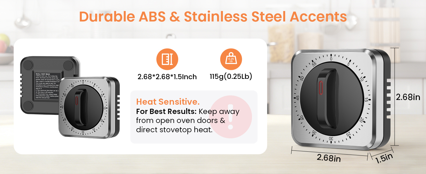 Mechanical Kitchen Timer with Magnet: Wind Up Cooking Timer Clock with Loud Alarm, Kitchen Timers for Cooking, No Battery Manual Food Timer for Baking, BBQ, Seniors & Daily Reminders