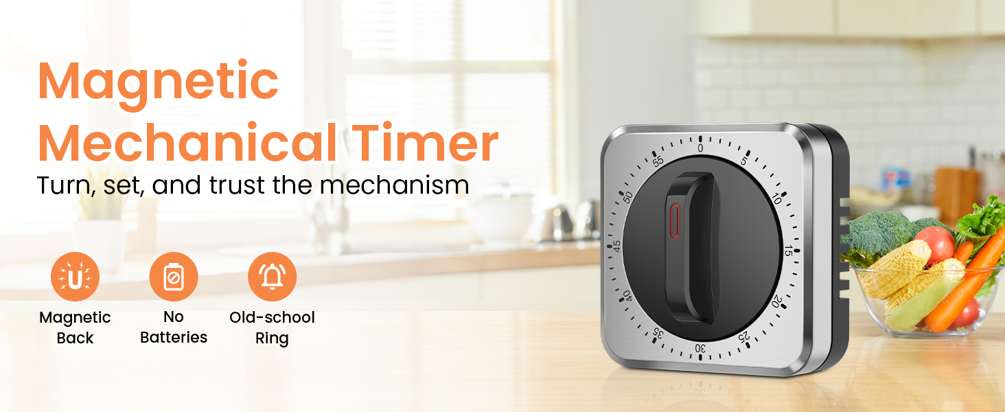Mechanical Kitchen Timer with Magnet: Wind Up Cooking Timer Clock with Loud Alarm, Kitchen Timers for Cooking, No Battery Manual Food Timer for Baking, BBQ, Seniors & Daily Reminders