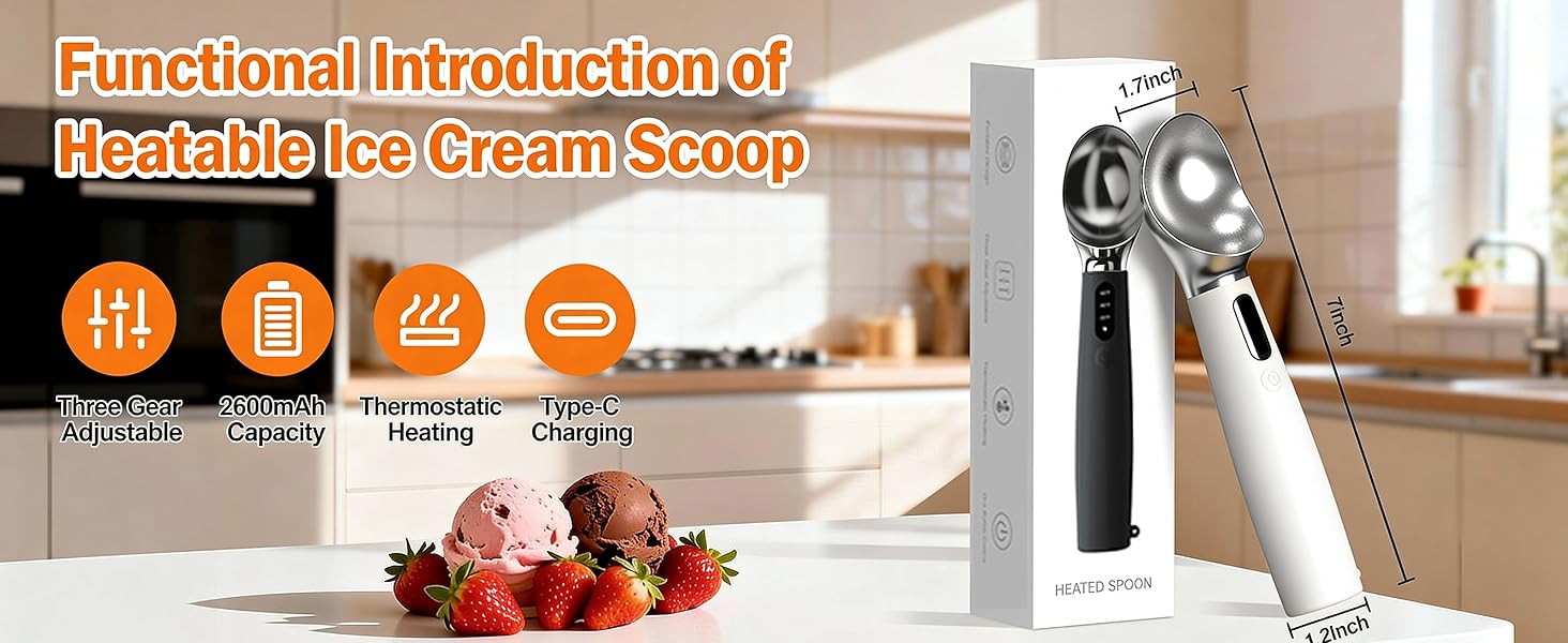 Heated Ice Cream Scoop - 3-Speed Electric Warming Scooper, Rechargeable USB-C Fast Charge with LED Display, IP67 Waterproof Head for Hard Ice Cream/Gelato, Easy to Clean - White