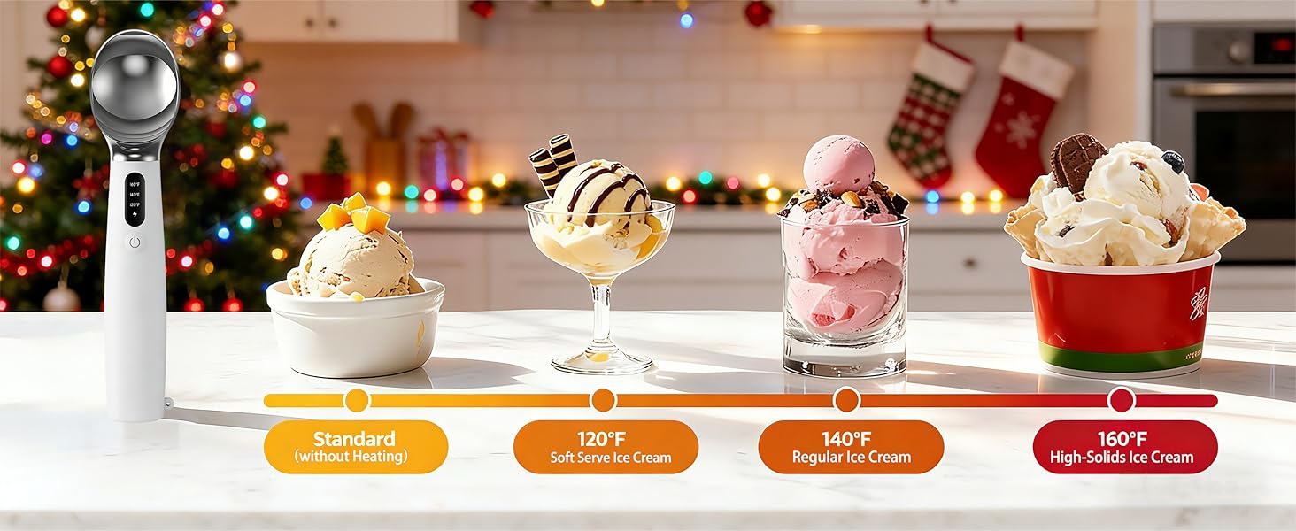Heated Ice Cream Scoop - 3-Speed Electric Warming Scooper, Rechargeable USB-C Fast Charge with LED Display, IP67 Waterproof Head for Hard Ice Cream/Gelato, Easy to Clean - White