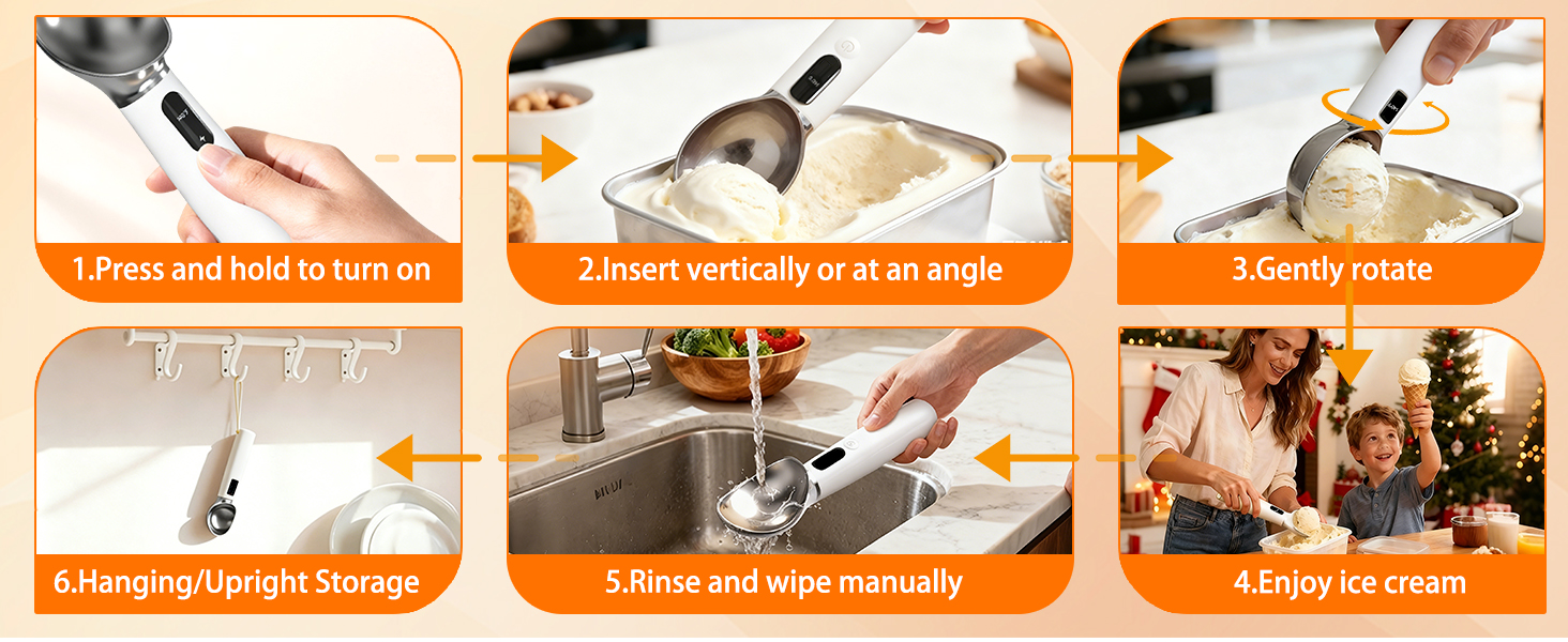 Heated Ice Cream Scoop - 3-Speed Electric Warming Scooper, Rechargeable USB-C Fast Charge with LED Display, IP67 Waterproof Head for Hard Ice Cream/Gelato, Easy to Clean - White