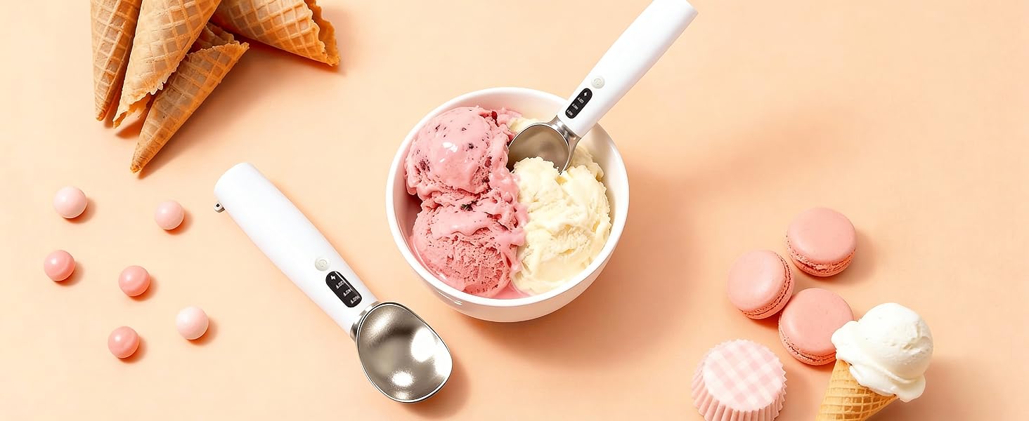 Heated Ice Cream Scoop - 3-Speed Electric Warming Scooper, Rechargeable USB-C Fast Charge with LED Display, IP67 Waterproof Head for Hard Ice Cream/Gelato, Easy to Clean - White