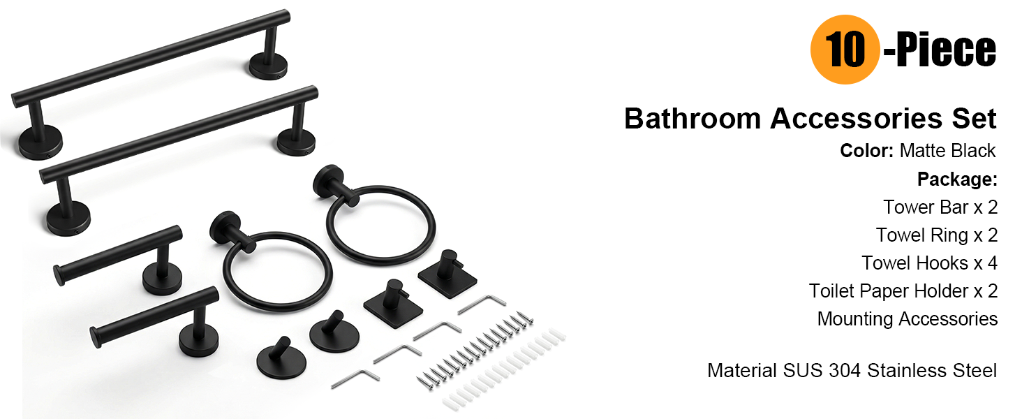10-Pieces Matte Black Bathroom Accessories Set, 16 Inch Bath Towel Bar Set, SUS 304 Stainless Steel Hardware Set, Towel Racks, Hand Towel Holder, Black Shower Sets for Bathroom Decor Wall Mounted