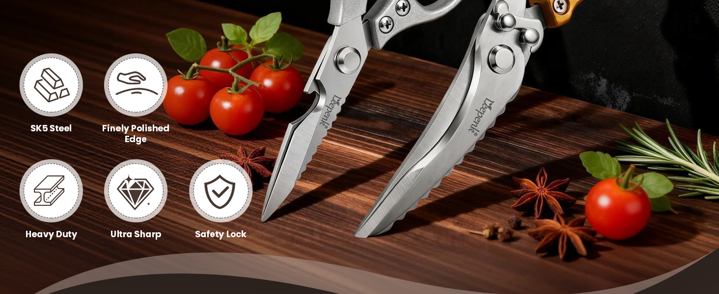 LEEPENK Kitchen Scissors All Purpose 2 Packs,Stainless Steel Kitchen Shear Dishwasher Safe,Heavy Duty Poultry Shears with Non-Slip Handle & Safety Lock,Cooking Scissor for Food