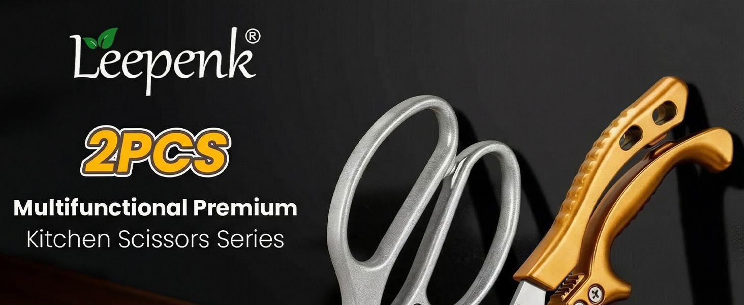 LEEPENK Kitchen Scissors All Purpose 2 Packs,Stainless Steel Kitchen Shear Dishwasher Safe,Heavy Duty Poultry Shears with Non-Slip Handle & Safety Lock,Cooking Scissor for Food