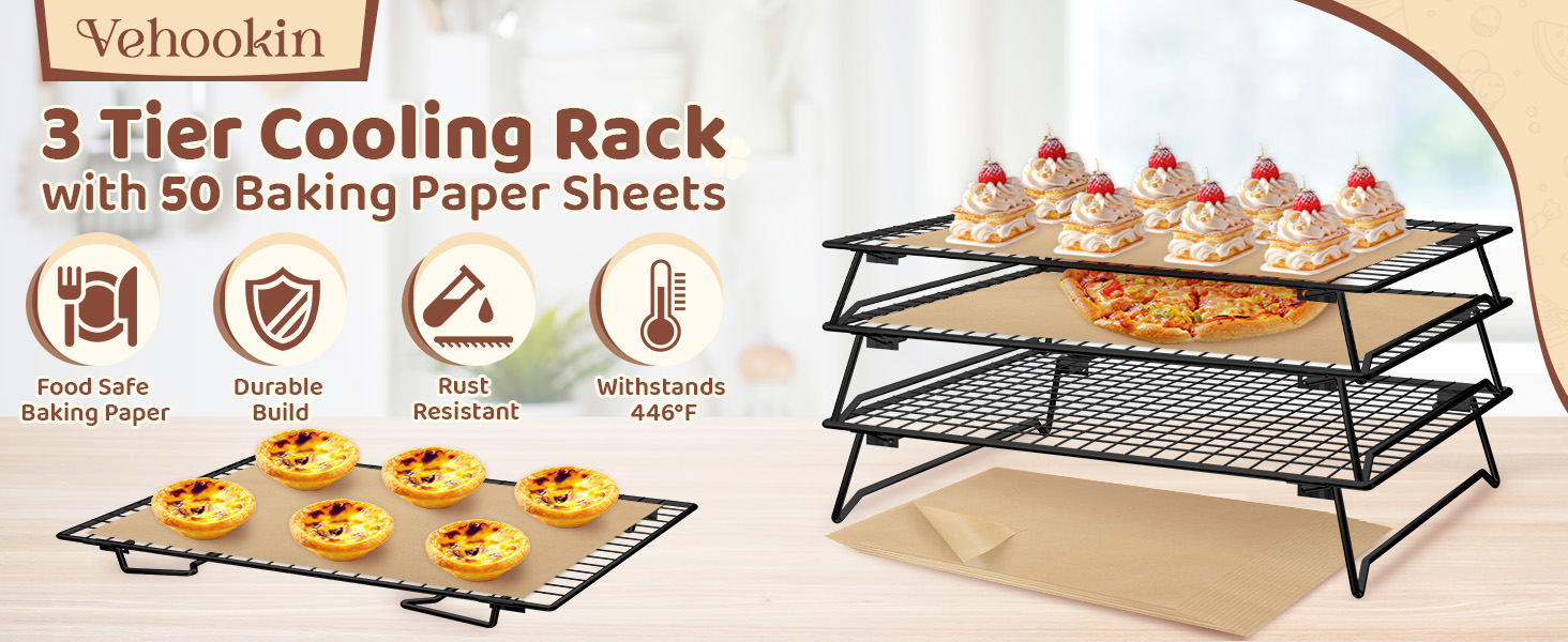 3 Tier Stackable Cooling Rack for Cooking and Baking, Wire Rack for Baking Sheet w/50 Parchment Papers, 13.4