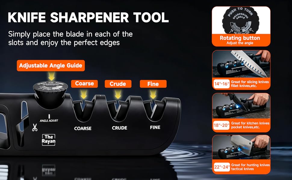 Knife Sharpener, 4-in-1 with Non-Slip Base and Adjustable Angle Guide, Perfect for Fruit Knives, Steel Knives & Scissors, Repair, Restore & Polish Blade (Black)