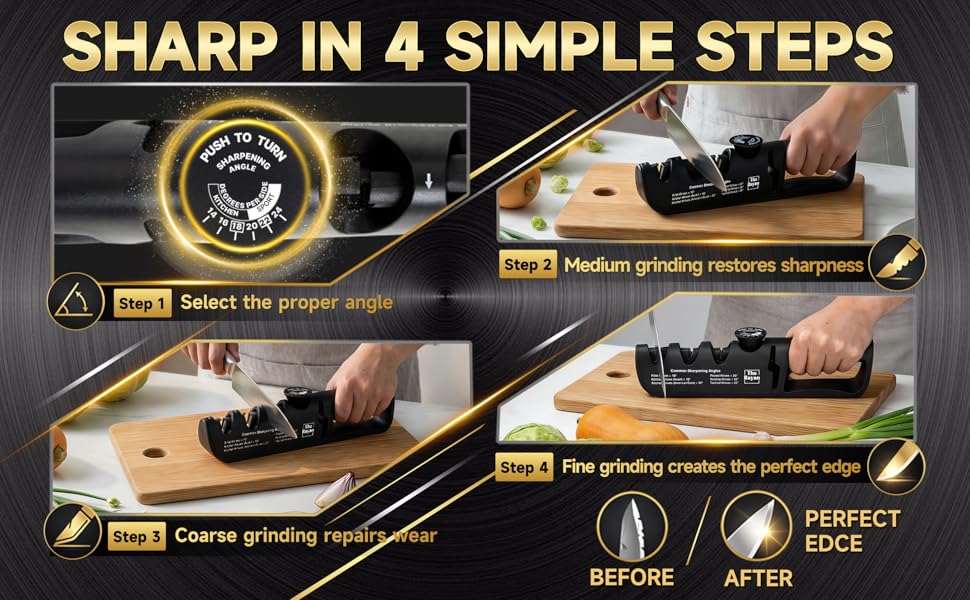 Knife Sharpener, 4-in-1 with Non-Slip Base and Adjustable Angle Guide, Perfect for Fruit Knives, Steel Knives & Scissors, Repair, Restore & Polish Blade (Black)