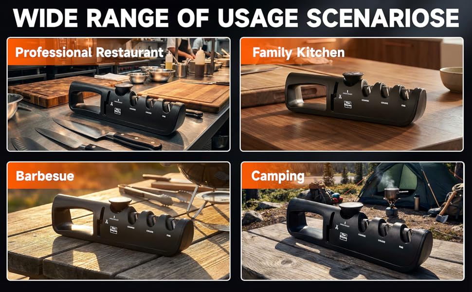 Knife Sharpener, 4-in-1 with Non-Slip Base and Adjustable Angle Guide, Perfect for Fruit Knives, Steel Knives & Scissors, Repair, Restore & Polish Blade (Black)