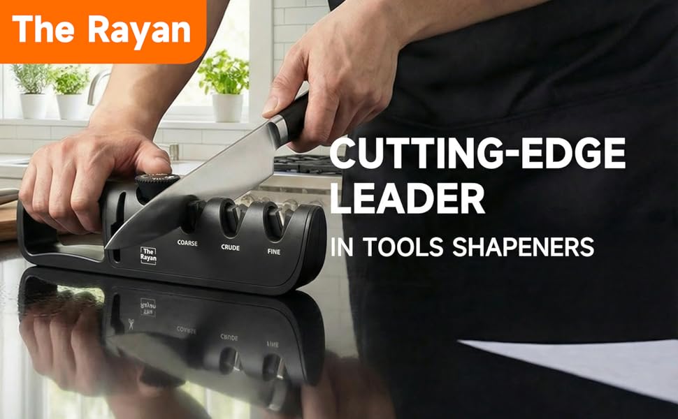 Knife Sharpener, 4-in-1 with Non-Slip Base and Adjustable Angle Guide, Perfect for Fruit Knives, Steel Knives & Scissors, Repair, Restore & Polish Blade (Black)