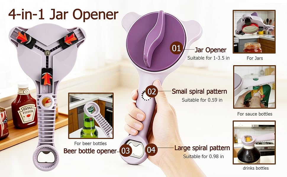 4-in-1 Jar Opener, Adjustable Jar Opener for Seniors, Kitchen Tool Designed Specifically for Seniors and Those with Limited Physical Strength, Suitable For Beer, Salad Dressing, Jar (Purple)