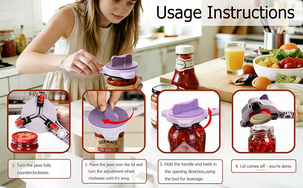 4-in-1 Jar Opener, Adjustable Jar Opener for Seniors, Kitchen Tool Designed Specifically for Seniors and Those with Limited Physical Strength, Suitable For Beer, Salad Dressing, Jar (Purple)
