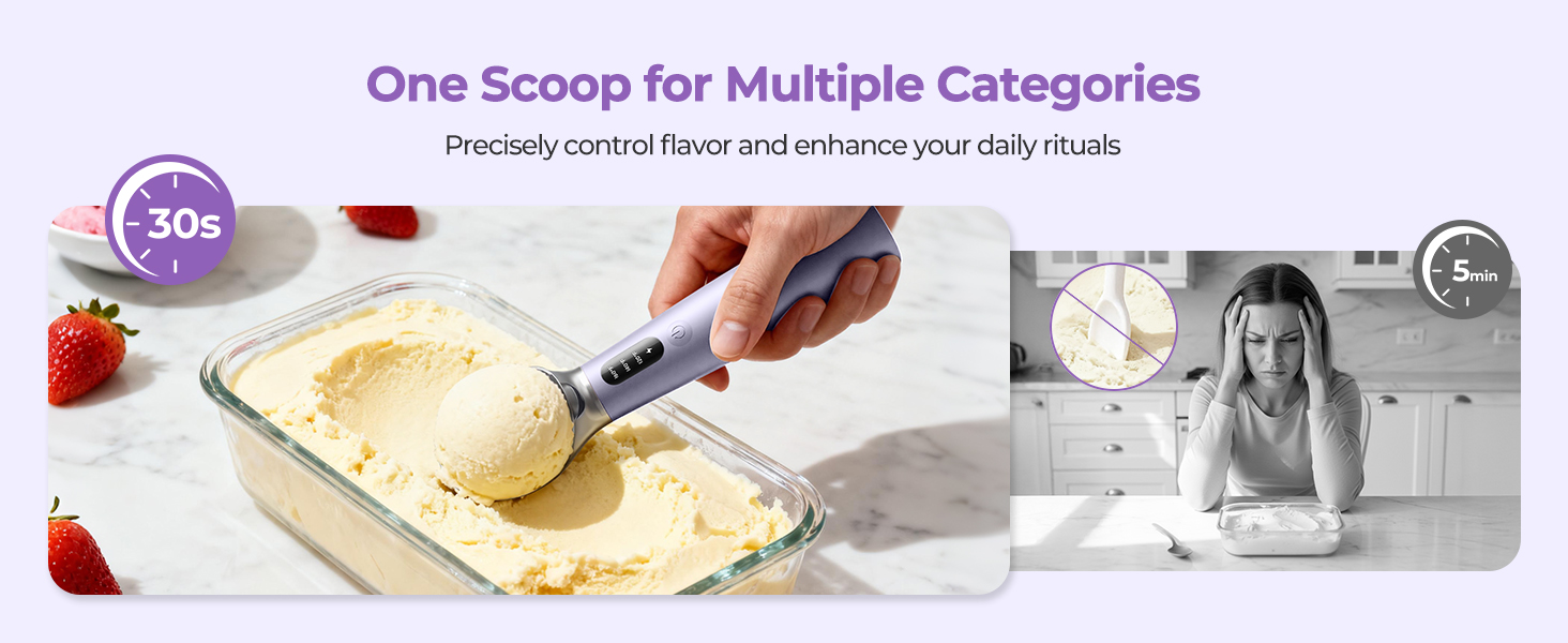 Heated Ice Cream Scoop with On/Off Switch, Electric Ice Cream Scooper for Hardened Ice Cream, Gelato, Sorbet, Melon, Waterproof IPX7, Handheld Heating Up to 160°F, Rechargeable with LED Display,Purple