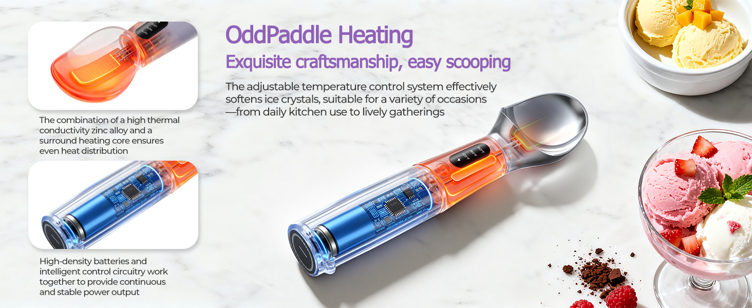Heated Ice Cream Scoop with On/Off Switch, Electric Ice Cream Scooper for Hardened Ice Cream, Gelato, Sorbet, Melon, Waterproof IPX7, Handheld Heating Up to 160°F, Rechargeable with LED Display,Purple