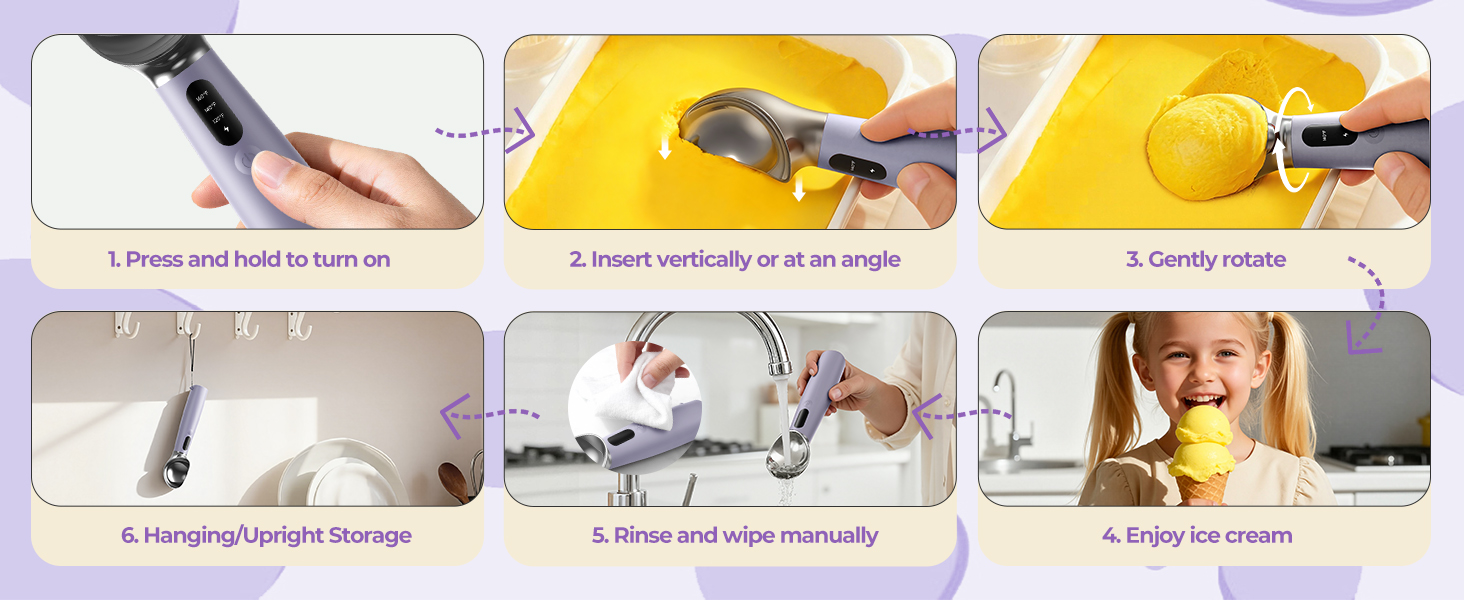 Heated Ice Cream Scoop with On/Off Switch, Electric Ice Cream Scooper for Hardened Ice Cream, Gelato, Sorbet, Melon, Waterproof IPX7, Handheld Heating Up to 160°F, Rechargeable with LED Display,Purple