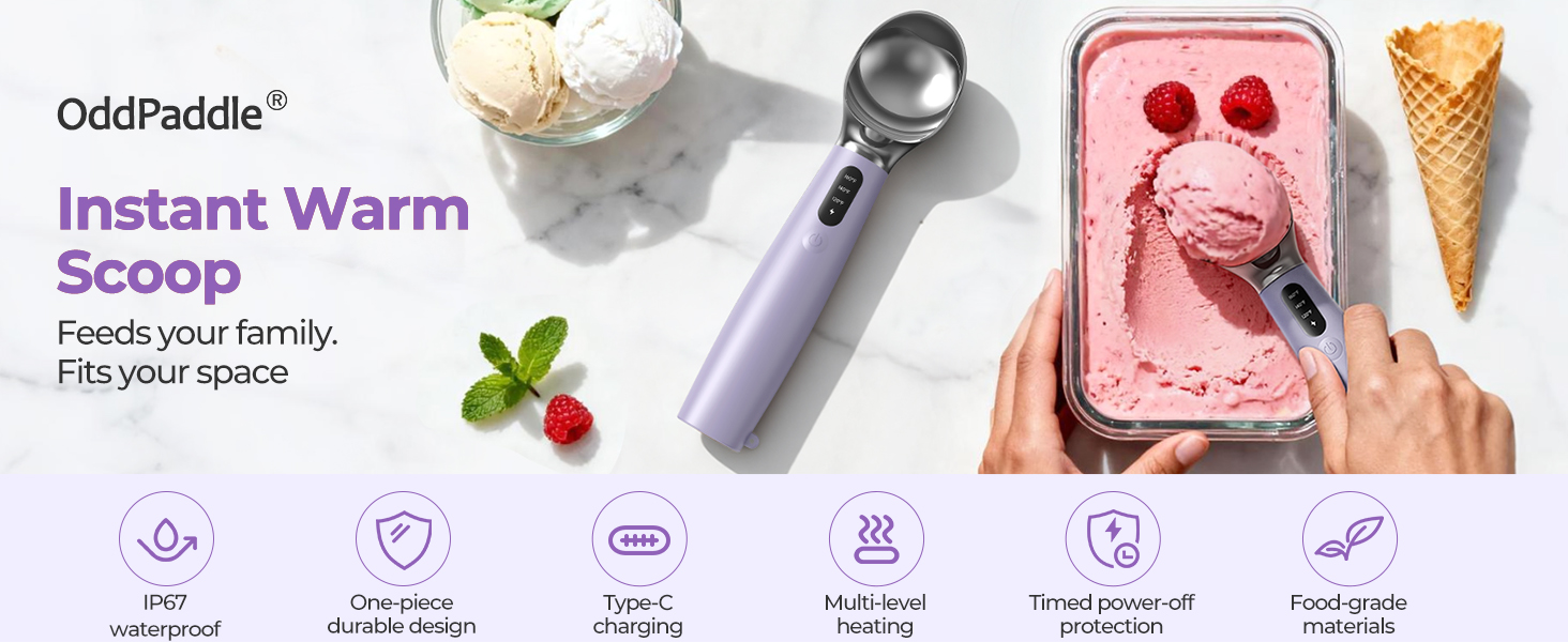Heated Ice Cream Scoop with On/Off Switch, Electric Ice Cream Scooper for Hardened Ice Cream, Gelato, Sorbet, Melon, Waterproof IPX7, Handheld Heating Up to 160°F, Rechargeable with LED Display,Purple