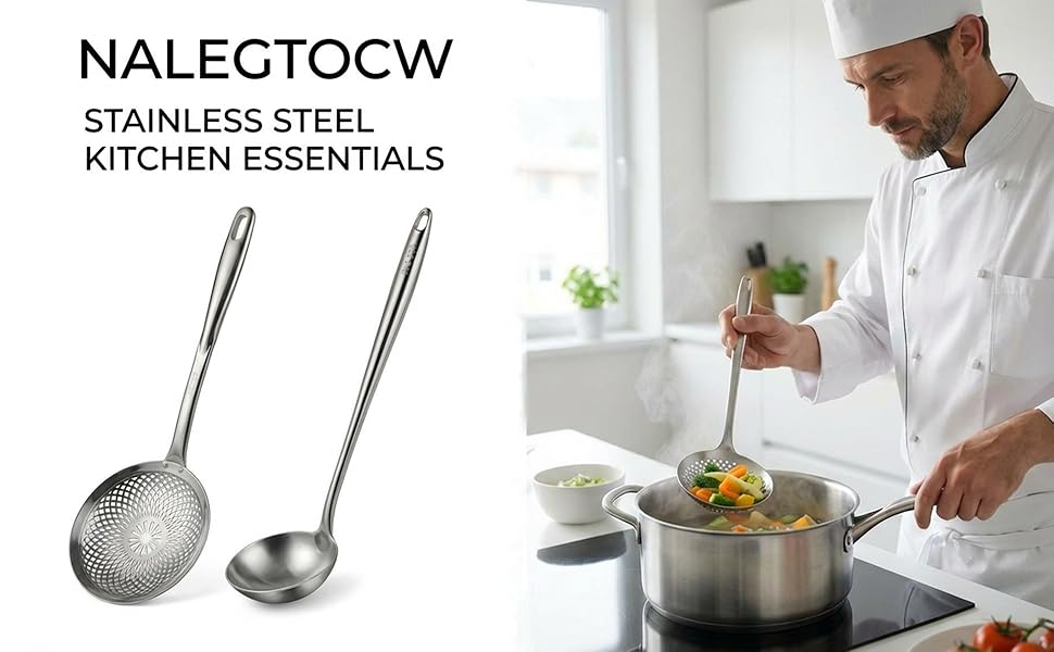 Stainless Steel Soup Ladle and Slotted Spoon Set - 15.8