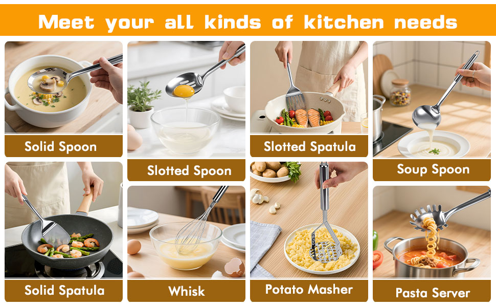 9 Pcs Cooking Utensils Set, Stainless Steel Kitchen Utensils, Heat Resistant Metal Kitchen Tools Include Solid & Slotted Spatula, Serving Spoon, Ladle, Pasta Server,Potato Maseher, Egg Whisk, Silver
