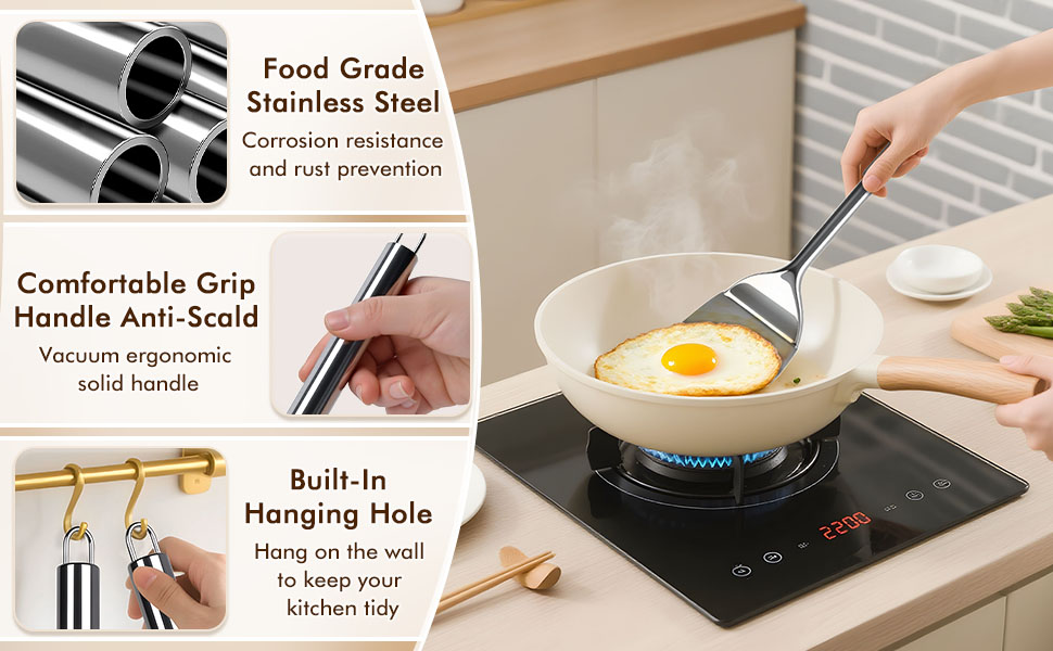 9 Pcs Cooking Utensils Set, Stainless Steel Kitchen Utensils, Heat Resistant Metal Kitchen Tools Include Solid & Slotted Spatula, Serving Spoon, Ladle, Pasta Server,Potato Maseher, Egg Whisk, Silver