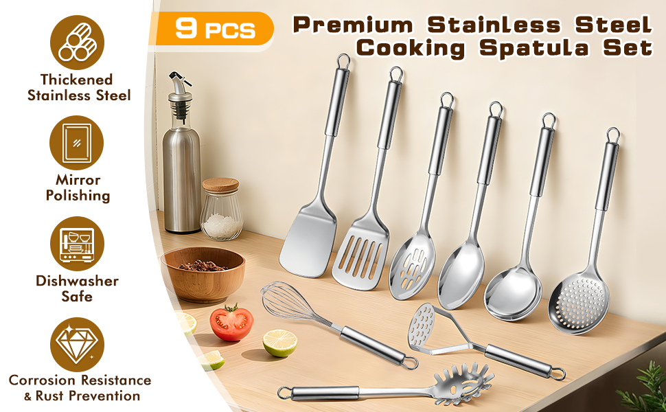 9 Pcs Cooking Utensils Set, Stainless Steel Kitchen Utensils, Heat Resistant Metal Kitchen Tools Include Solid & Slotted Spatula, Serving Spoon, Ladle, Pasta Server,Potato Maseher, Egg Whisk, Silver