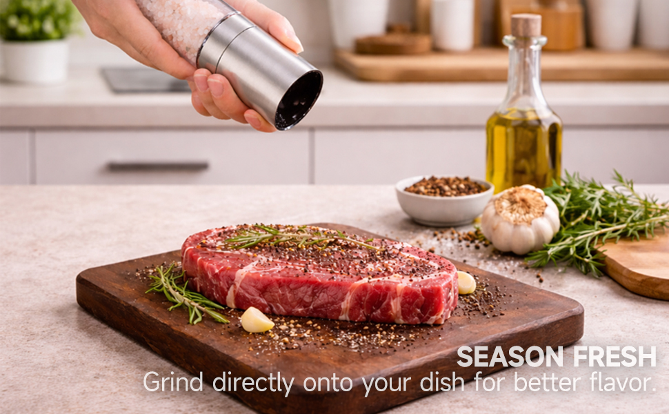 Professional Salt or Pepper Grinder– Stainless Steel Refillable Pepper Mill with Adjustable Coarseness, Ceramic Rotor, Reliable & Portable Design (1 Pack)
